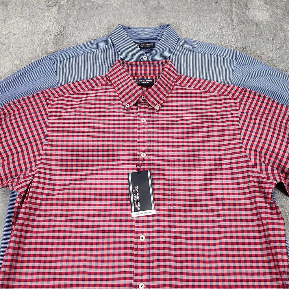 Roundtree & Yorke Shirt Mens Large Lot 2 Blue Red Luxury Cotton Button Front